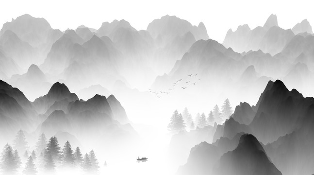 新中式抽象水墨远山水墨云雾