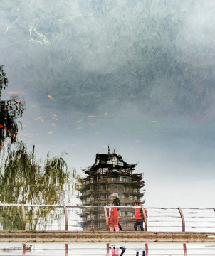 锦鲤楼阁倒影