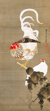 伊藤若冲母鸡和公鸡与葡萄