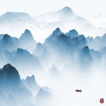 水墨画云雾山水画