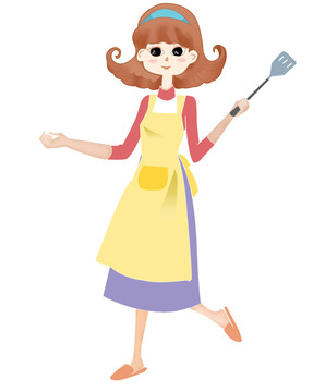 拿着锅铲的女人女孩厨具插画美女