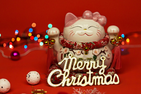 圣诞节的招财猫在红色背景