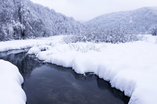 大雪覆盖的河岸