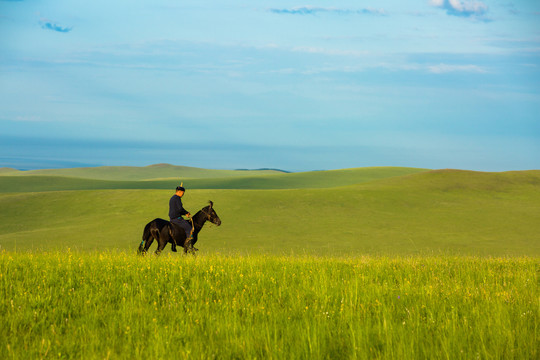 草原清晨骑马的蒙古族青年