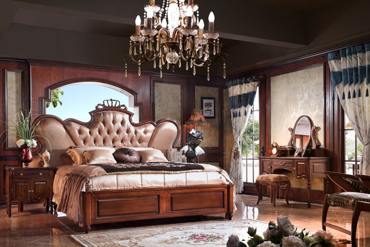美式实木真皮大床床头柜家具