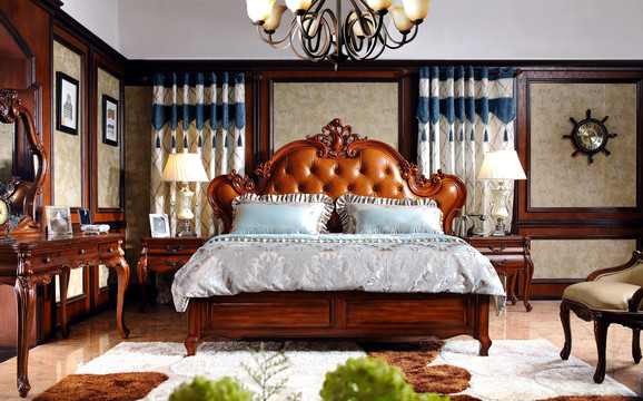 美式古典实木大床梳妆台家具