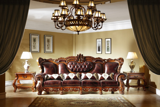 美式古典实木真皮四人位沙发家具