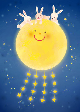 中秋佳节微笑满月上的兔子