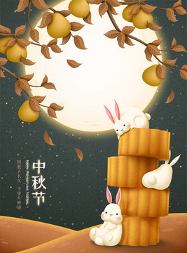 中秋节可爱白兔与月饼插画