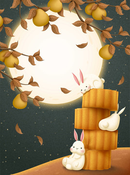 中秋节可爱白兔与月饼插画