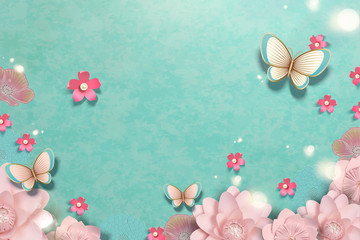 浪漫剪纸花朵背景与蝴蝶