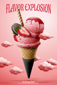 草莓甜筒广告与可爱云朵装饰