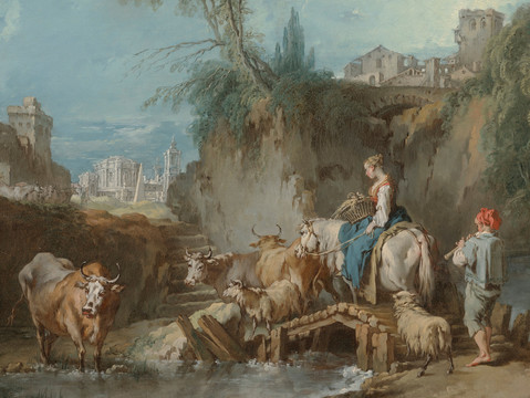 弗朗索瓦·布歇风景如画的牧羊犬和远处的一座城