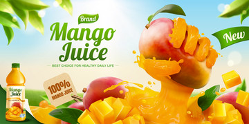 新鲜芒果汁横幅广告与手部特效