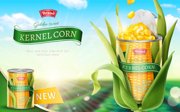 健康玉米罐头广告与自然模糊背景