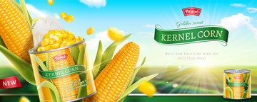 健康玉米罐头横幅广告与自然模糊背景