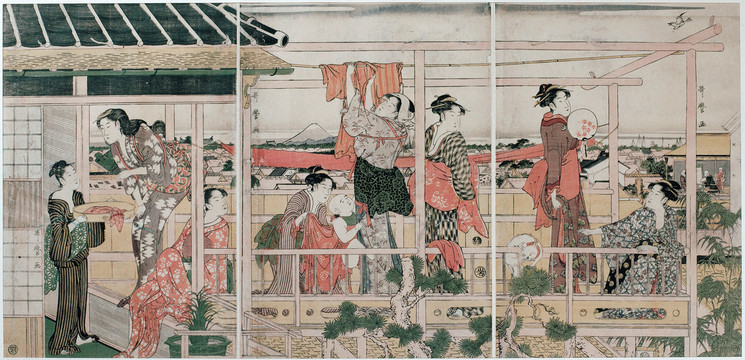 喜多川歌麿妇女在江户一所房子阳台上晾衣服