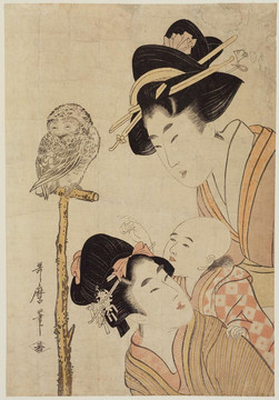 喜多川歌麿妇女儿童和猫头鹰