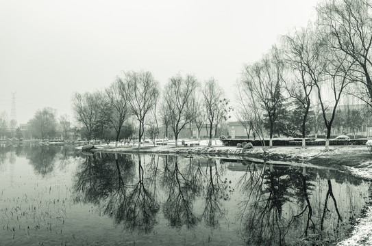 水墨池塘雪景