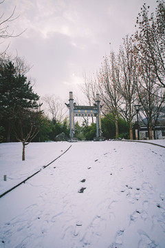 公园园林景观雪景素材