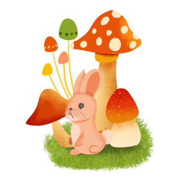 原创兔子蘑菇插画