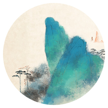 青绿重彩山水团扇手绘中国画