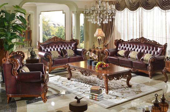美式实木真皮组合沙发茶几家具
