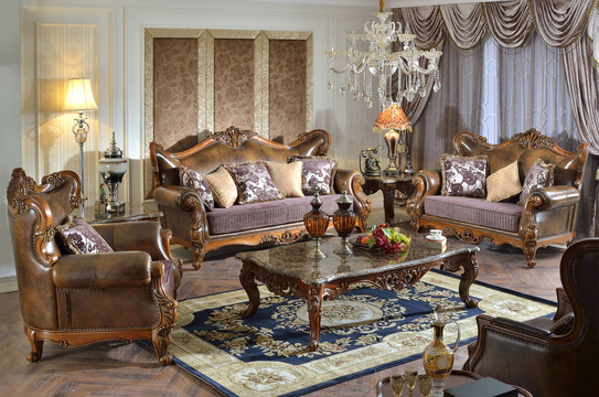 美式实木真皮组合沙发茶几家具