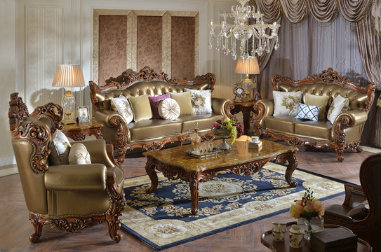 美式实木真皮组合沙发方几家具