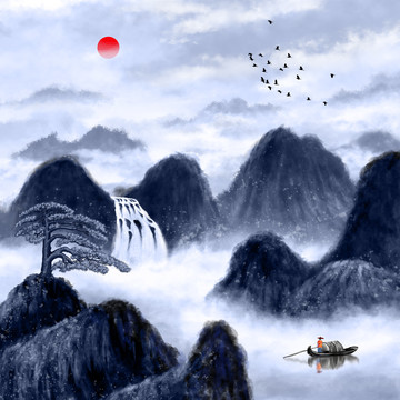 迎客松山水画
