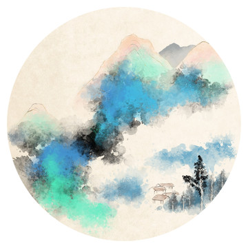 青绿重彩烟云山水团扇手绘中国画
