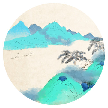 青绿重彩帆船山水团扇手绘中国画