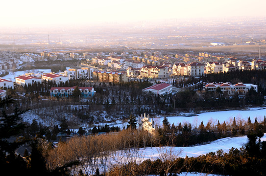 俯拍雪后的南山工业园区