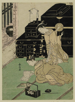 铃木春信两个女人坐在一个漆柜上看书
