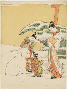 铃木春信一位妓女观看了两个小孩玩雪