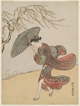 铃木春信在一把风下一把伞的年轻女子