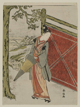 铃木春信在栅栏拿一把雨伞的年轻人