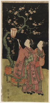 铃木春信夫妇在晚上的梅花旁边赏花