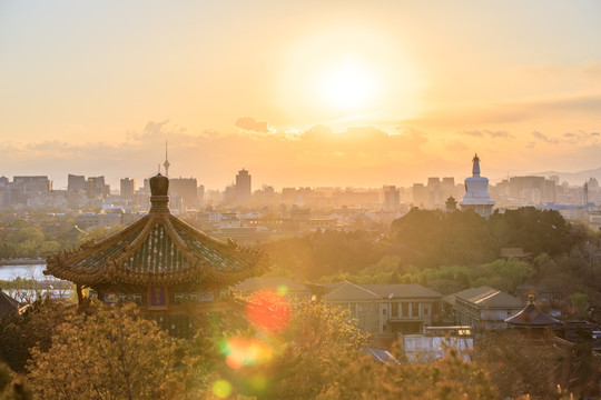 景山辑芳亭中央电视塔白塔夕阳