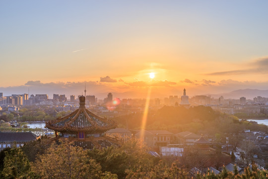 景山辑芳亭中央电视塔白塔夕阳