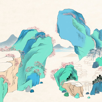 青绿重彩春花山水装饰手绘中国画