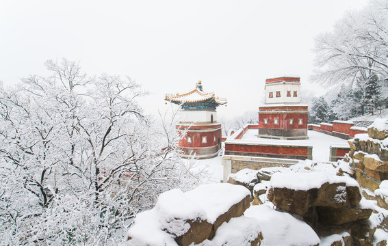 北京颐和园四大部洲景区雪景