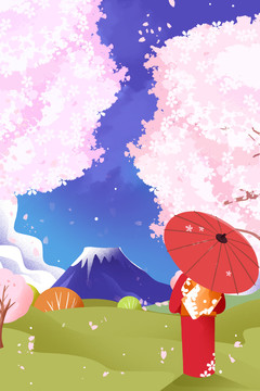 卡通手绘日本樱花富士山场景插