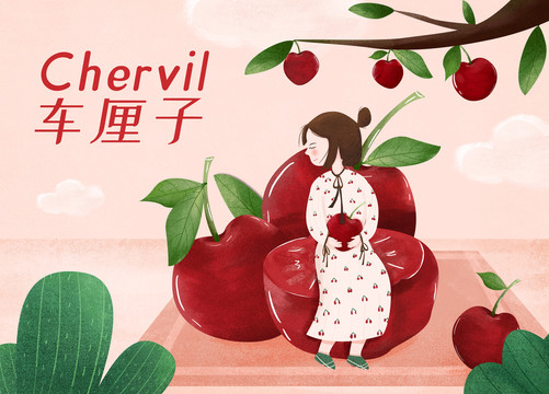 车厘子樱桃水果手绘插画包装海报
