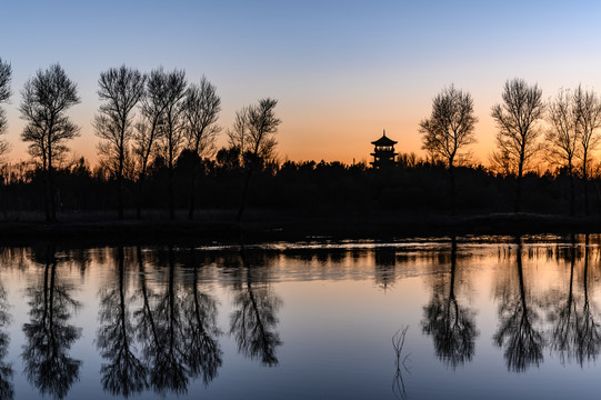 中国长春北湖国家湿地公园落日景