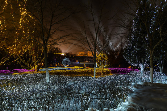 迎接春节的冰雪雕塑活动夜景