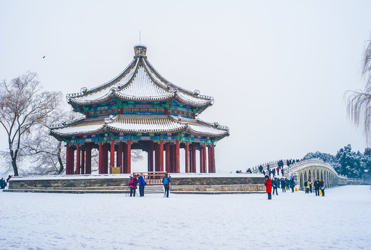 北京颐和园廓如亭雪景