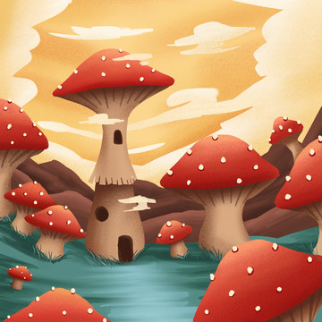 红蘑菇森林插画