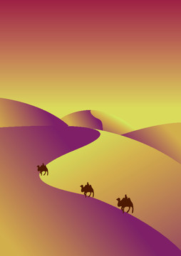 一队伍骆驼在沙漠中行进矢量插画