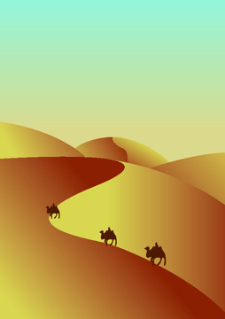 一队伍骆驼在沙漠中行进矢量插画